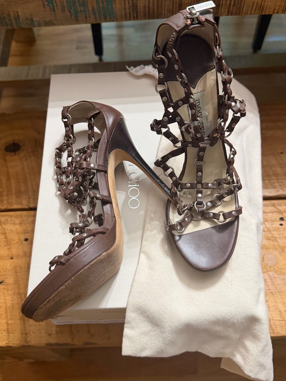 Saks Fifth Avenue Brown Leather Chain-Strap Gladiator Heels